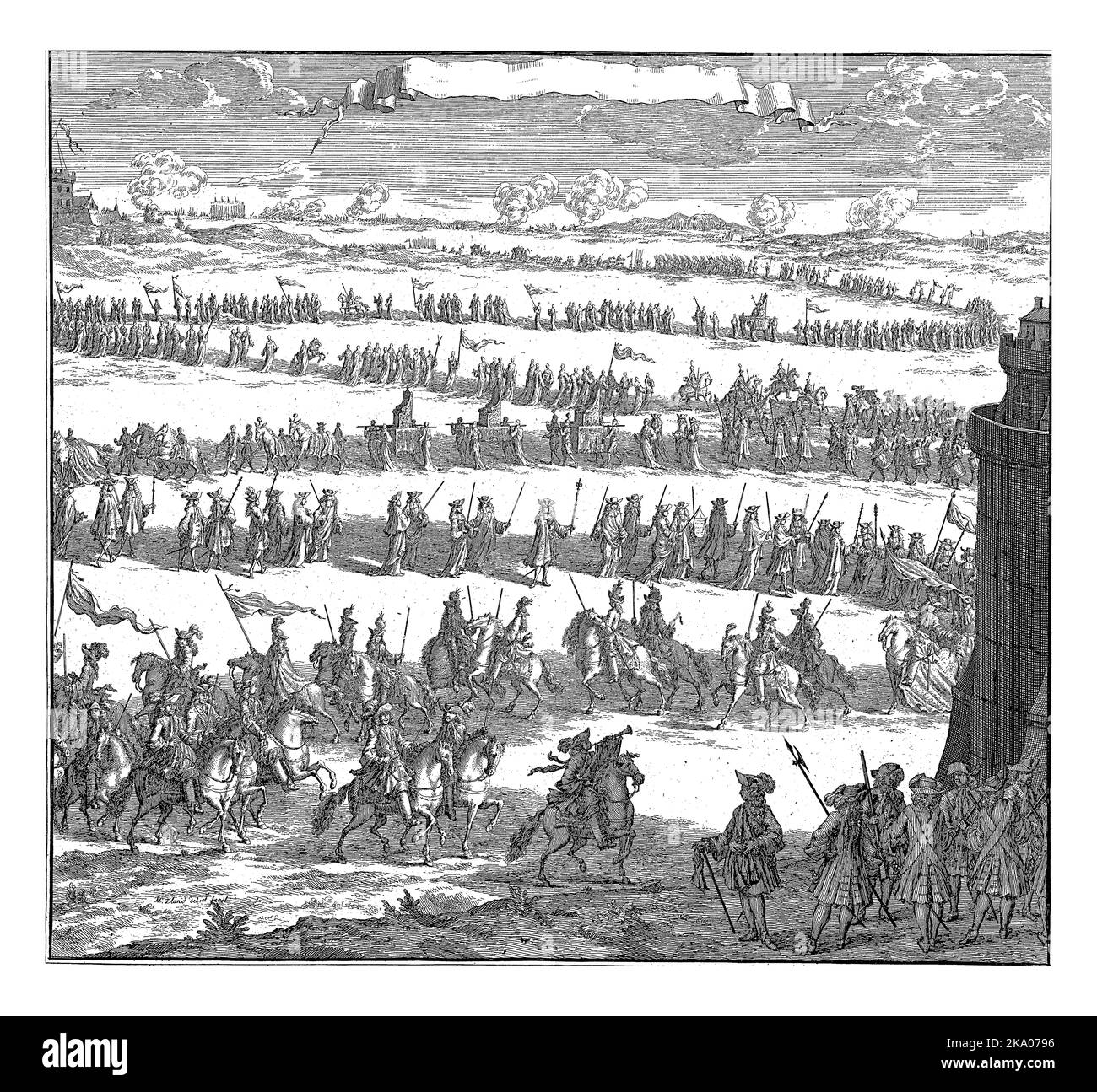 Procession avec des cavaliers et des cardinaux, H. Elandt, 1700 - 1705 Procession de méandres d'cavaliers et de cardinaux lors de l'entrée d'un nouveau pape en S Banque D'Images Procession avec des cavaliers et des cardinaux, H. Elandt, 1700 - 1705 Procession de méandres d'cavaliers et de cardinaux lors de l'entrée d'un nouveau pape en S Banque D'Images