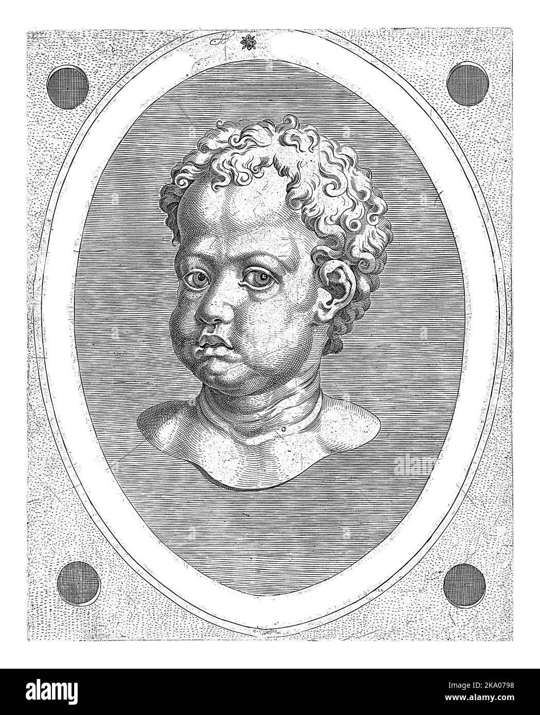 Kindheid, anonyme, d'après Maarten van Heemskerck, 1548 - 1570 personnification de l'enfance sous la forme de la tête d'un petit enfant dans un ovale avec L Banque D'Images Kindheid, anonyme, d'après Maarten van Heemskerck, 1548 - 1570 personnification de l'enfance sous la forme de la tête d'un petit enfant dans un ovale avec L Banque D'Images