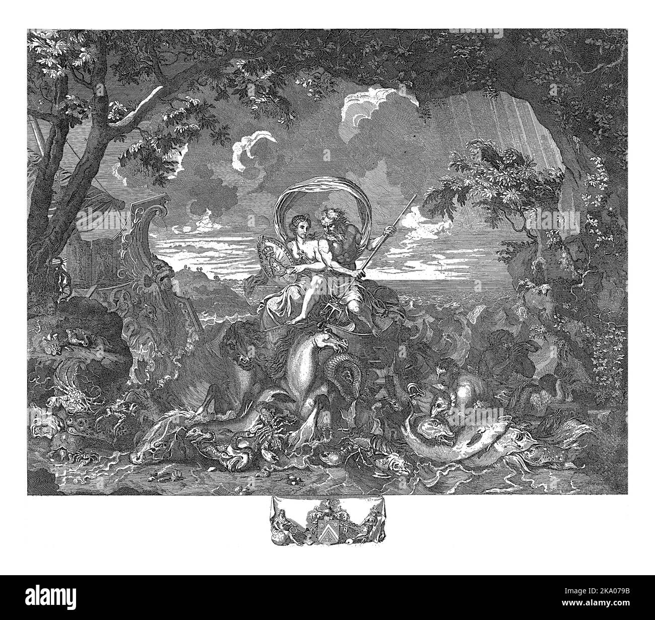 Neptune et Thetis traversent l'eau dans un char. Le char est dessiné par deux chevaux et entouré de diverses créatures marines. Thetis tient un SH Banque D'Images