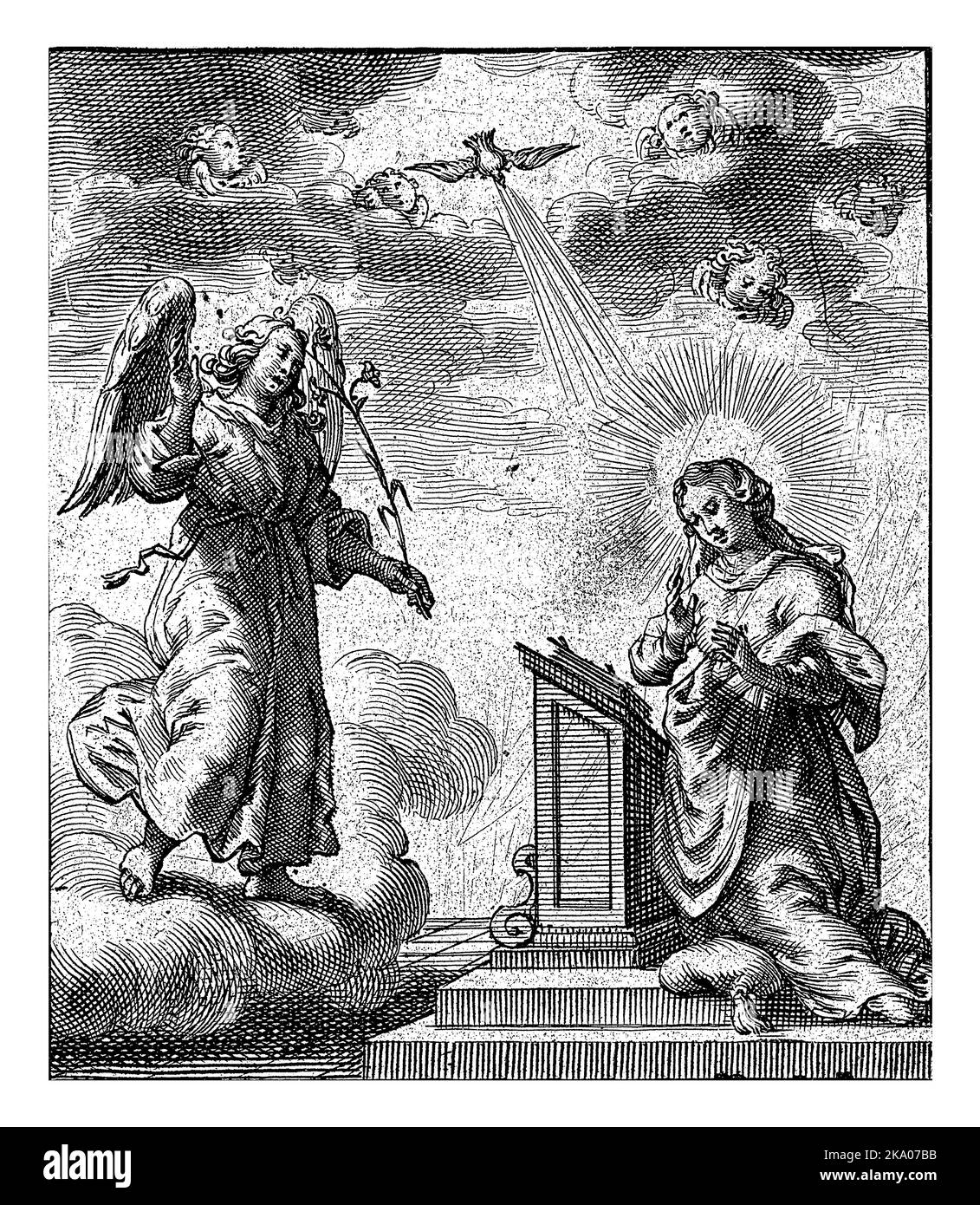 Marie s'agenouille devant sa chaise de prière, avec l'ange Gabriel à gauche avec une branche de nénuphars dans sa main. Entre les nuages de chérubins et le Saint Banque D'Images Marie s'agenouille devant sa chaise de prière, avec l'ange Gabriel à gauche avec une branche de nénuphars dans sa main. Entre les nuages de chérubins et le Saint Banque D'Images