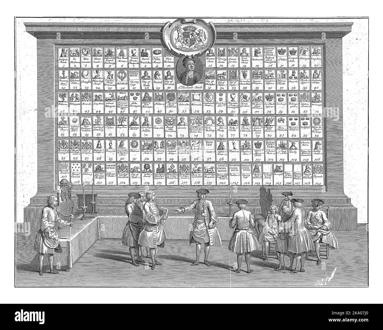 Salle de réunion de Freemasons, Jacob Folkema, d'après Louis Fabritius Dubourg, 1738 pavillon de Franc-maçonnerie avec des maîtres au centre avec place et boussole dedans Banque D'Images