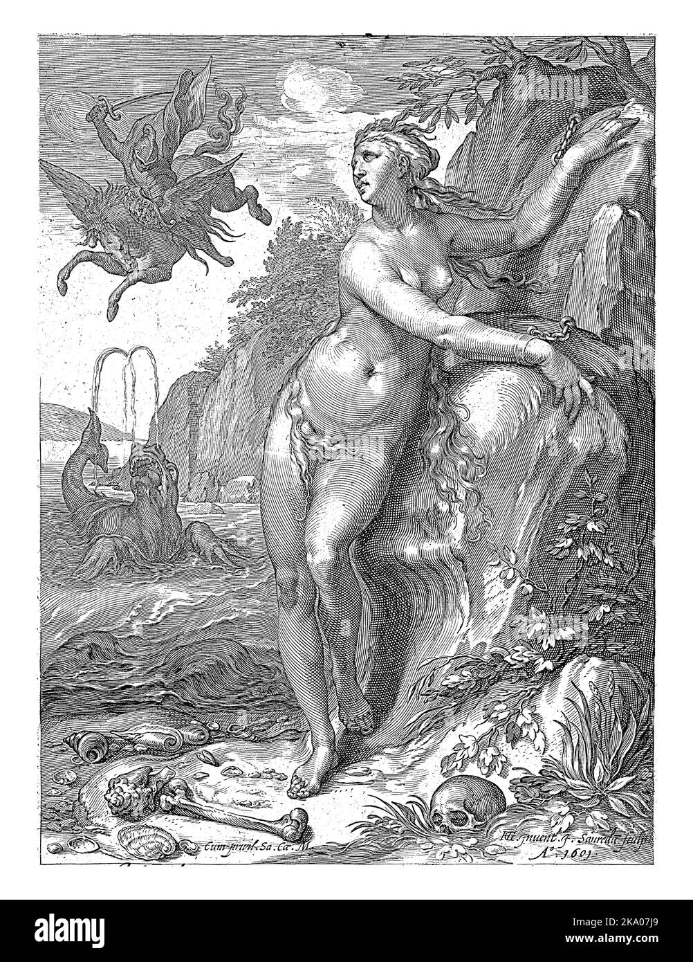 Andromeda, la fille d'un roi éthiopien, est enchaînée à un rocher. En arrière-plan, Perseus bat le monstre marin pour sauver Andromeda. Banque D'Images