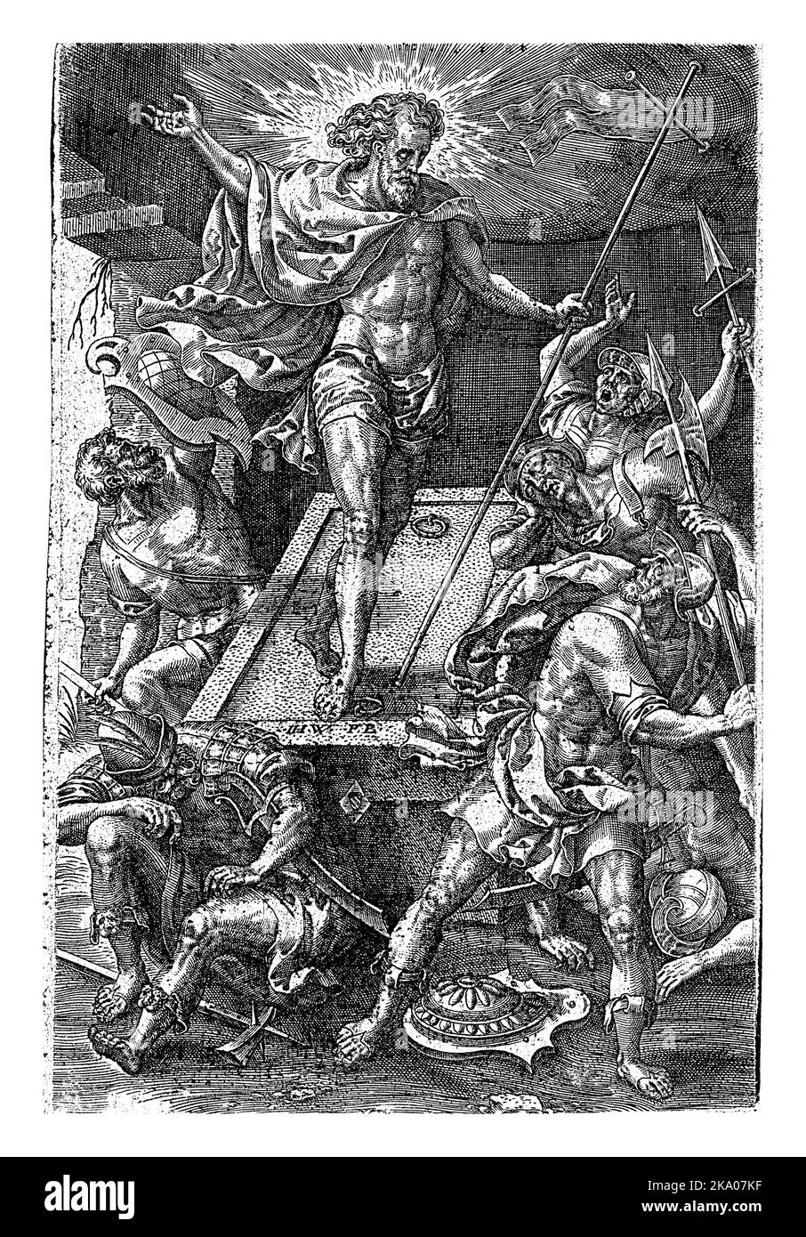 Résurrection du Christ, Johannes Wierix, après Pieter van der Borcht (I), 1573 le Christ s'élève de sa tombe. Les soldats qui se trouvent autour de la grave sortie de veille Banque D'Images