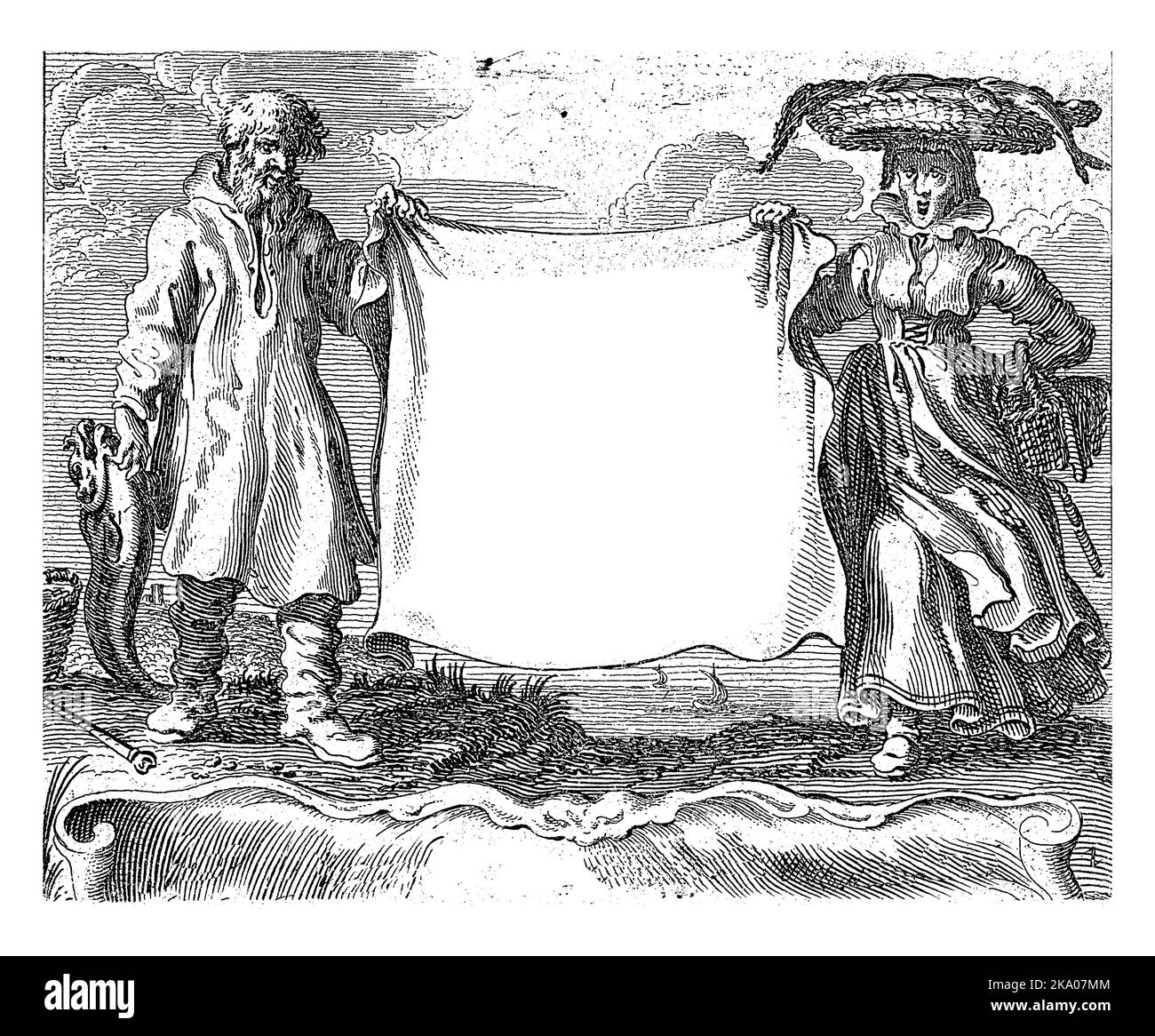 Deux pêcheurs tiennent une toile avec le titre de la série en néerlandais. Banque D'Images