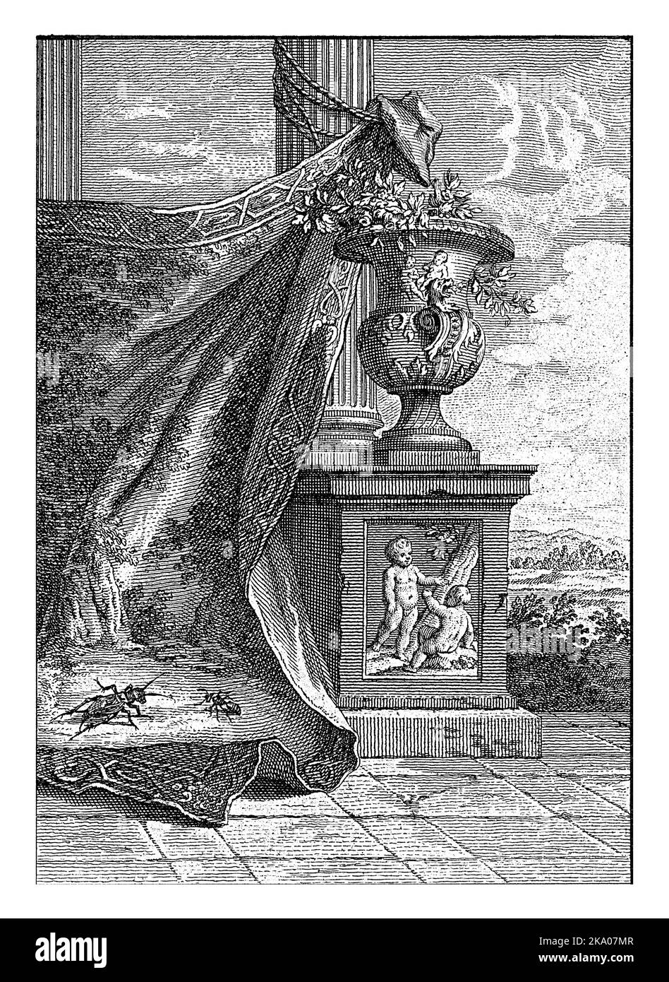 Un tissu est attaché à une colonne le long d'un vase classique. Au coin de la rue se trouvent une cicada et un fourmis. Illustration de fable I la cigale et la fourmi. Banque D'Images