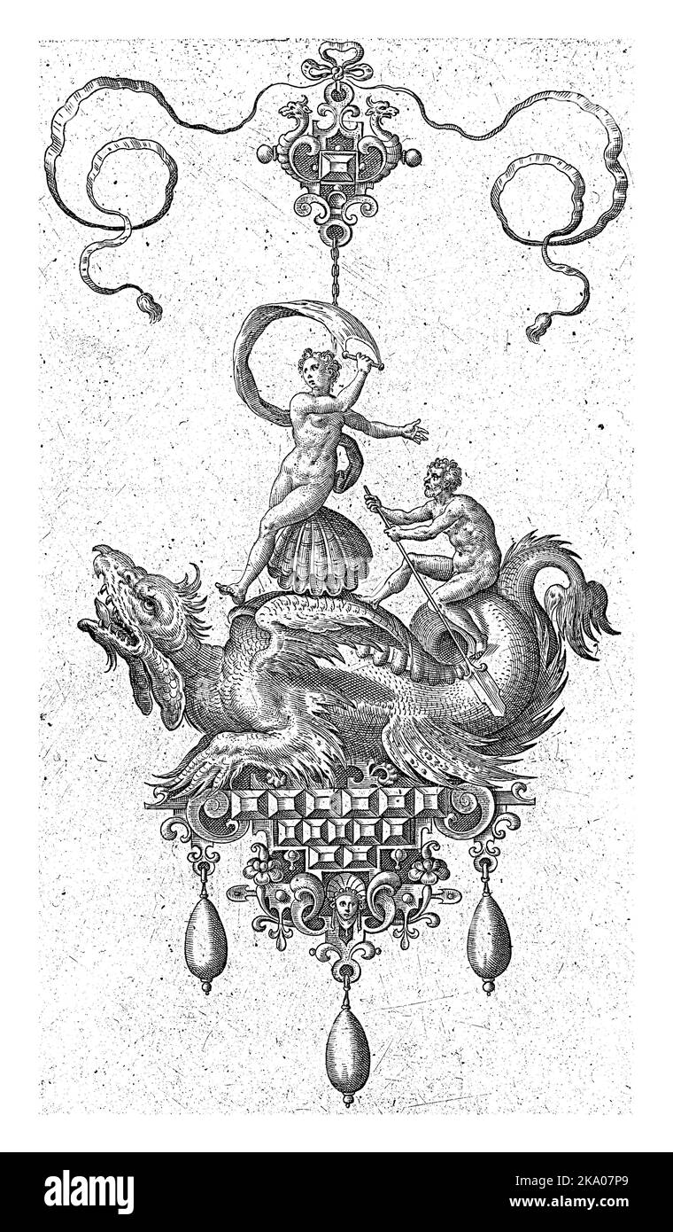 Sur la coquille est Vénus Anadyomene. Sur la queue du dragon se trouve un homme avec un oar. Une des 7 feuilles partiellement numérotées d'une série de 10 feuilles avec pe Banque D'Images