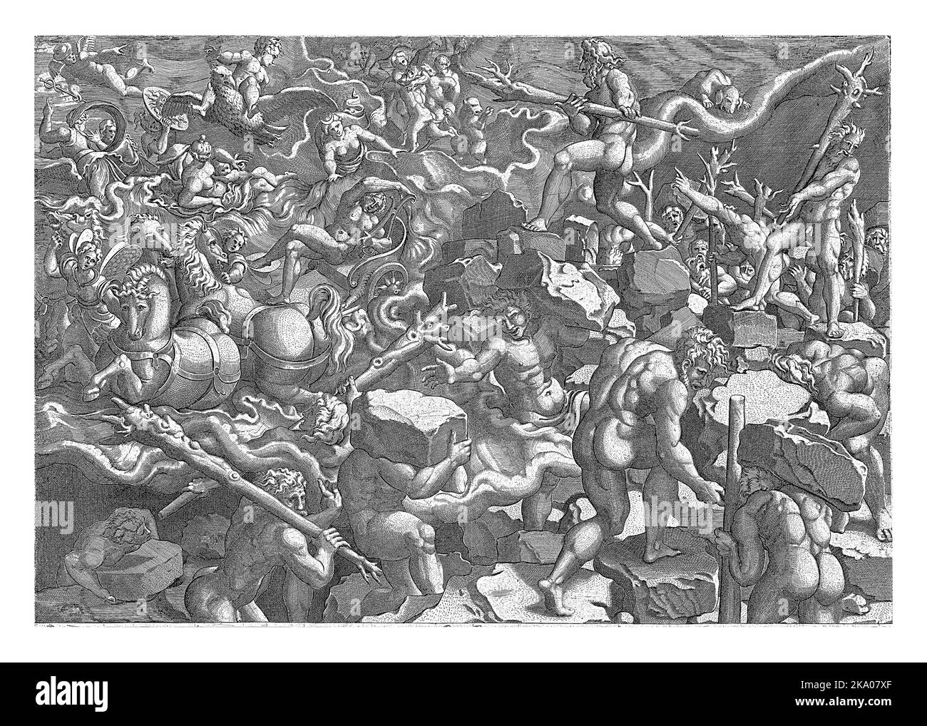 Les géants attaquent Olympus. De rochers ils essaient de construire une montagne pour atteindre les nuages. Ils sont armés de troncs d'arbre cassés. Les dieux ont fui Banque D'Images