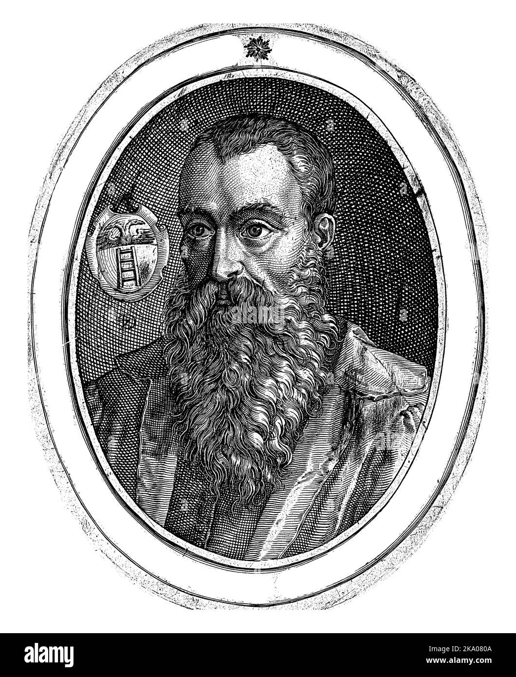 Portrait de l'humaniste Julius Caesar Scaliger à l'âge de 74 ans, en ovale avec inscription sur les bords. Son arme est en arrière-plan à gauche. Banque D'Images