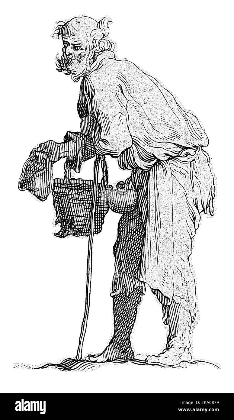 Le vieux mendiant, Frederick Bloemaert, d'après Abraham Bloemaert, après 1635 - 1669 mendiant, debout à gauche, chapeau à la main et penché sur un bâton. Banque D'Images