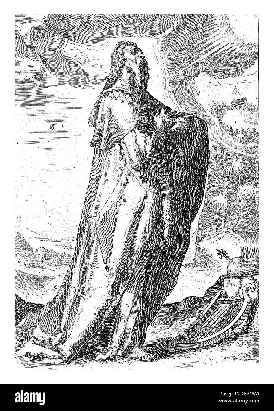 David, avec sa harpe, sa couronne et son sceptre à côté de lui. Première image de la série des prophètes et prophéties de l'ancien Testament réunies. Banque D'Images