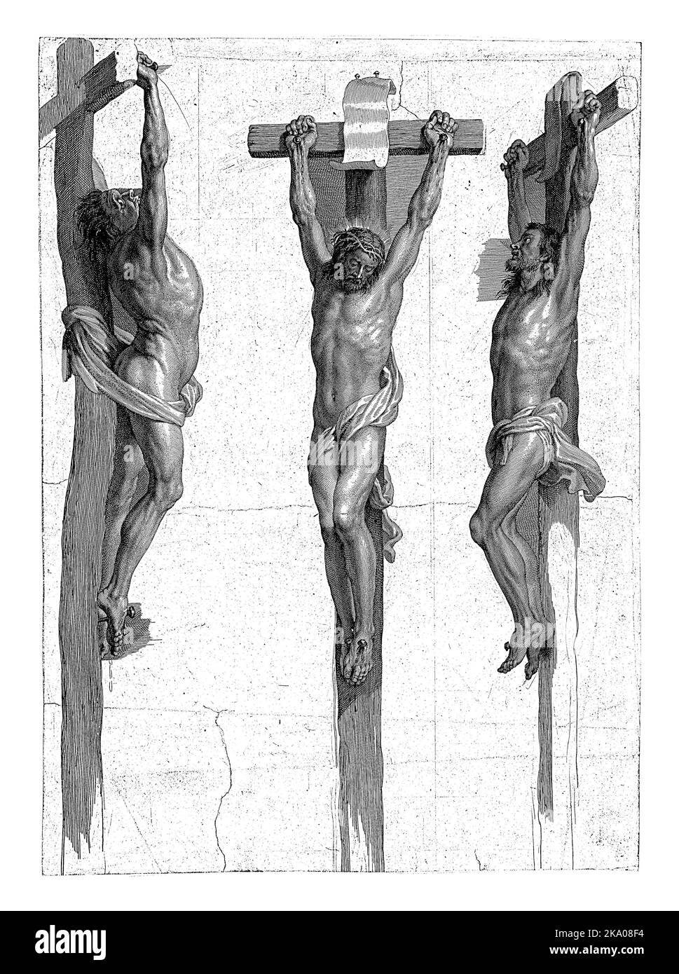 Christ sur la croix entre les deux criminels crucifiés, le paysage en arrière-plan est absent de cet état. Banque D'Images