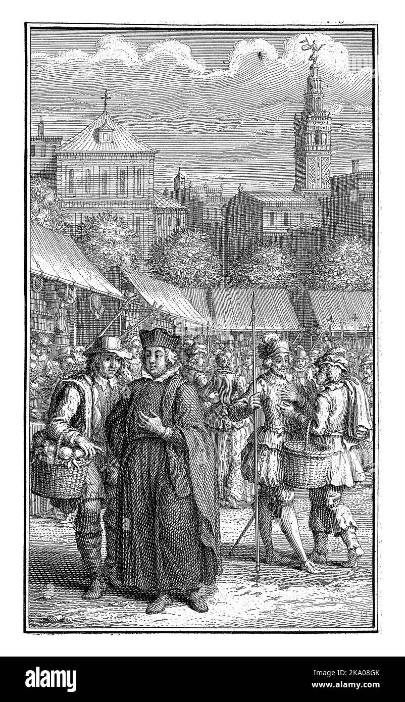 Un religieux volé par un voleur, Jacob Folkema, 1702 - 1767 Un voleur vole un religieux sur le marché, un peu plus loin sur son complice occupe un soldat. Banque D'Images