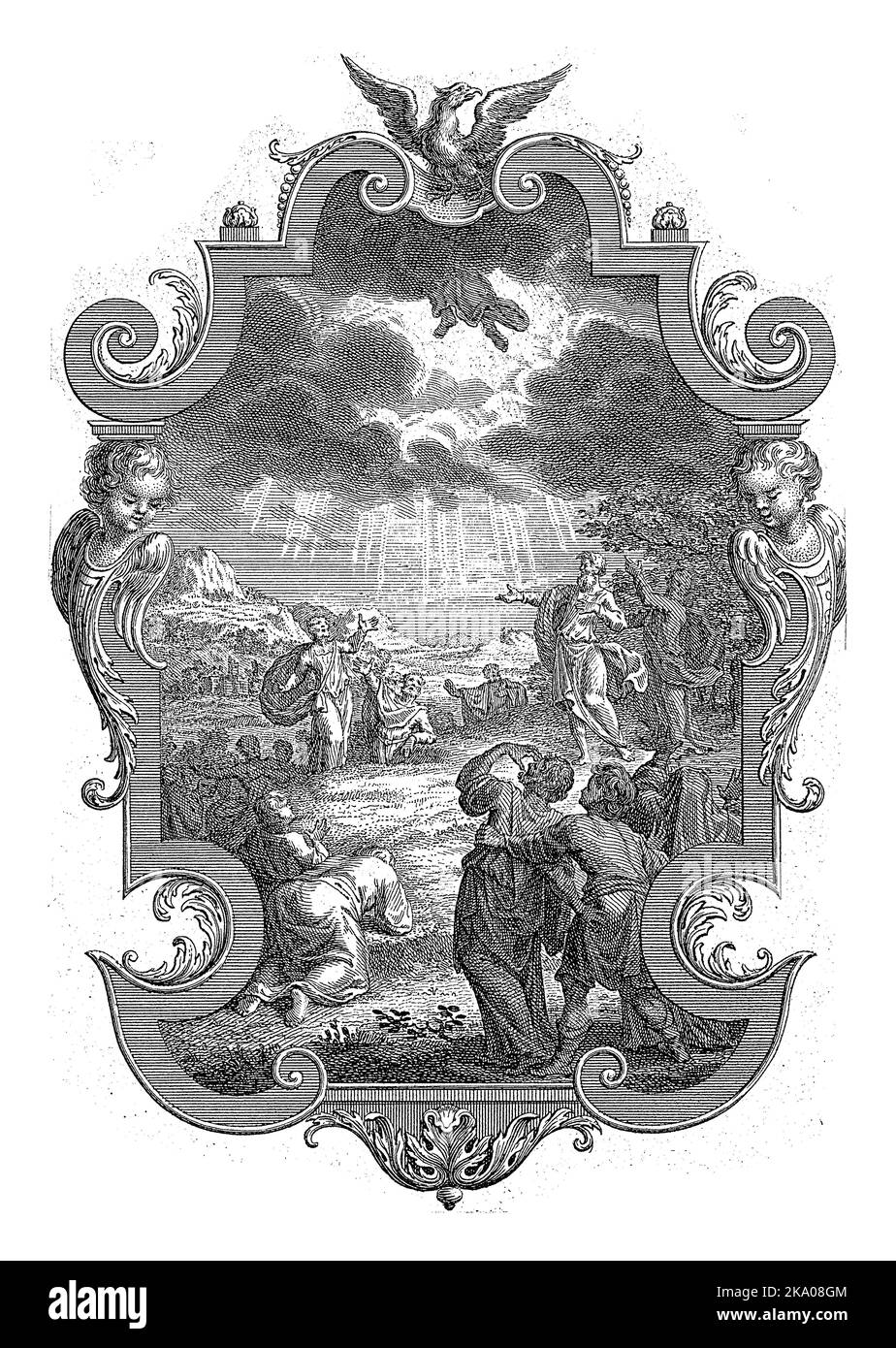 Paysage avec l'Ascension du Christ. Les spectateurs regardent avec étonnement. La performance est contenue dans une cartouche surmontée d'un aigle. Banque D'Images