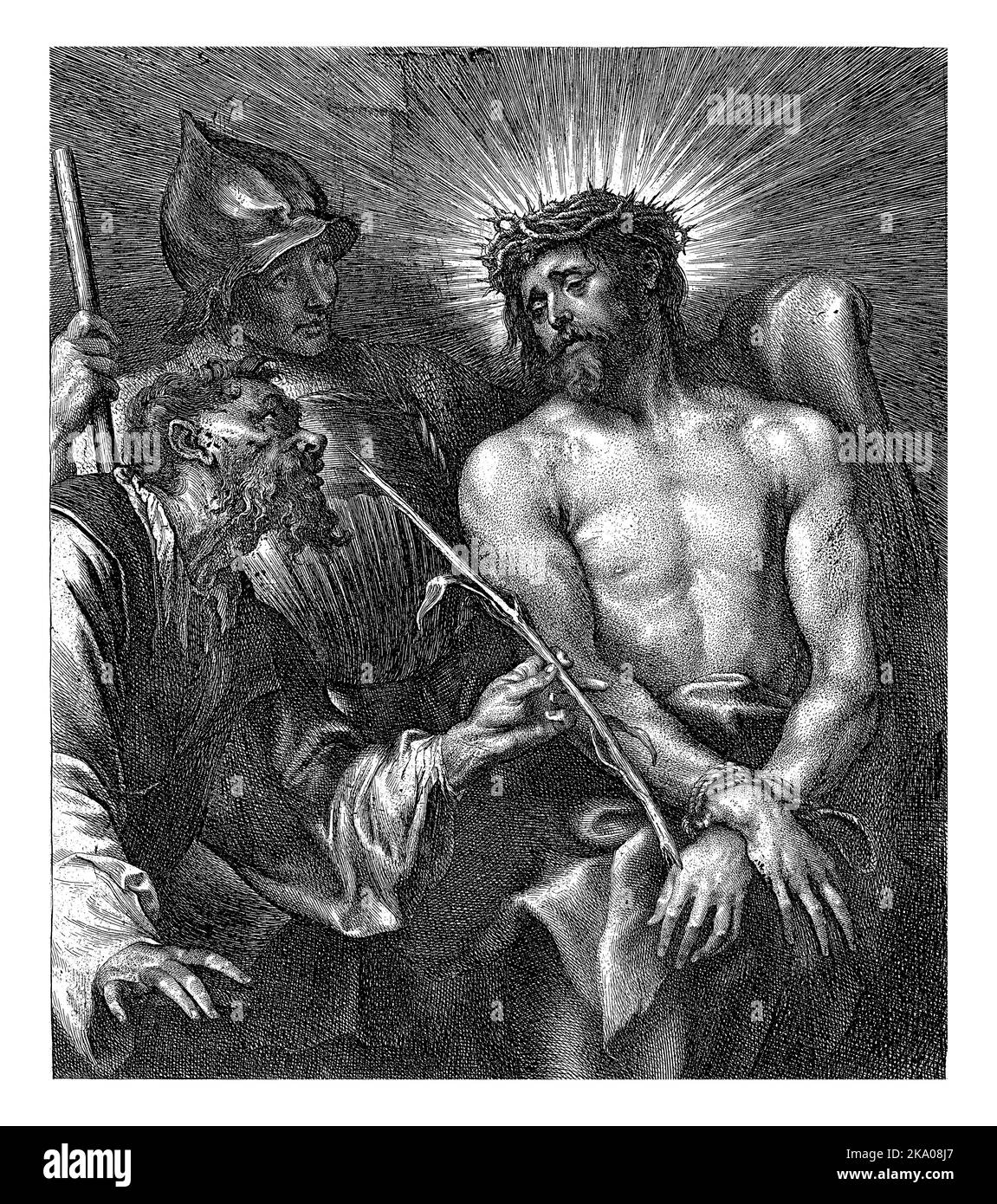 La moquerie du Christ par deux hommes, un homme lui donne le corps du roseau et un soldat porte un manteau autour de ses épaules. Avec quatre lignes de latin Banque D'Images