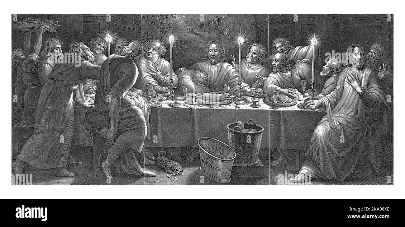 Christ est assis au milieu de ses disciples pendant le dernier souper. Les disciples sont étonnés de sa déclaration que l'un d'eux le trahit. Banque D'Images