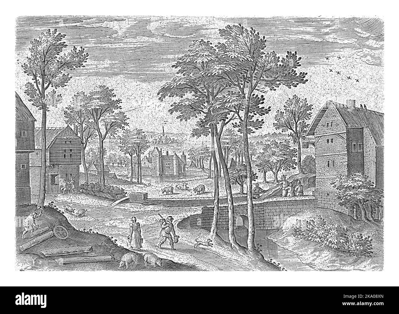 Vue sur la route principale de Laeken, un village près de Bruxelles. Quelques randonneurs sur le chemin. L'imprimé fait partie d'une série de visages de la région de Bruxelles. Banque D'Images