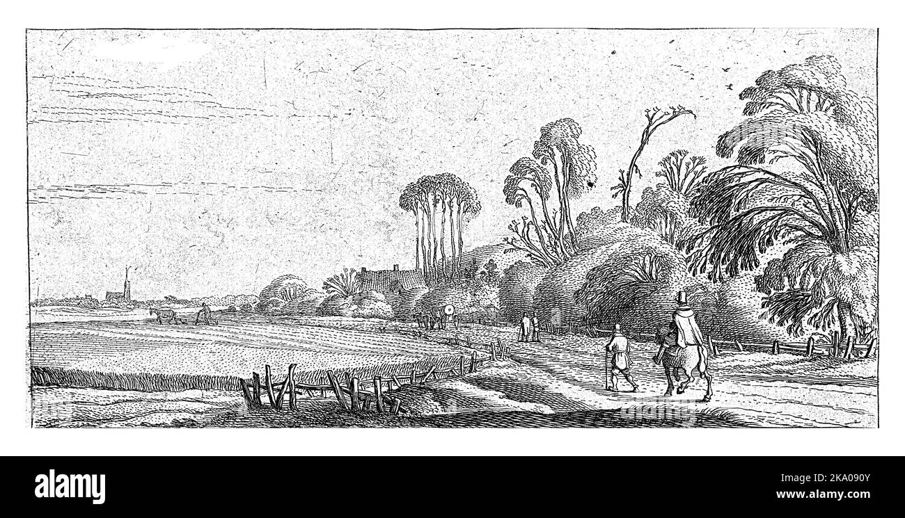 Paysage avec un cavalier et un randonneur sur une route près de Hillegom, Esaias van de Velde, 1645 Banque D'Images