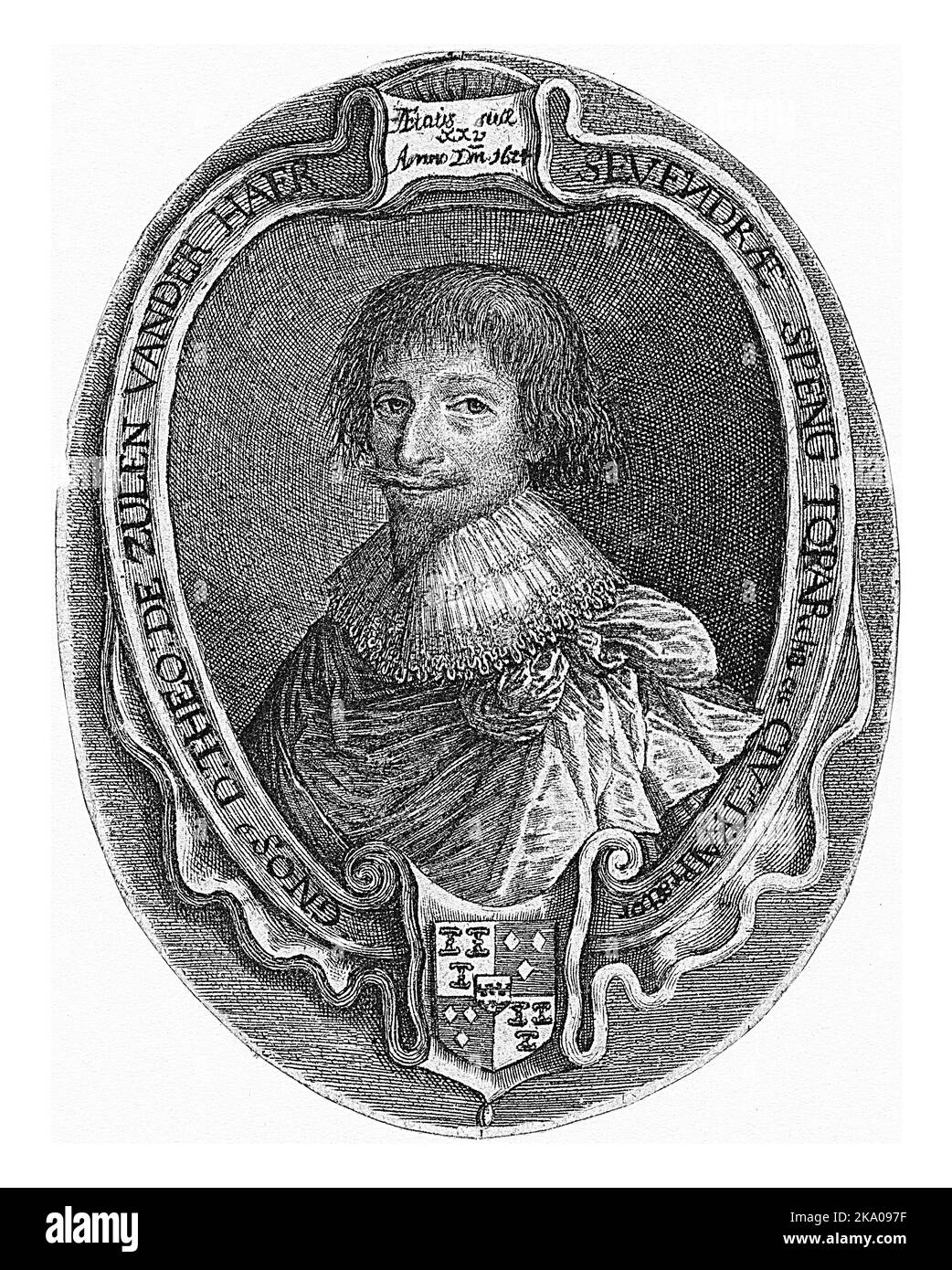 Portrait de Theporte van Zuylen, seigneur de Haer et de Zevender, à l'âge de 25 ans. Au bas du châssis se trouve le blason du siège. Banque D'Images