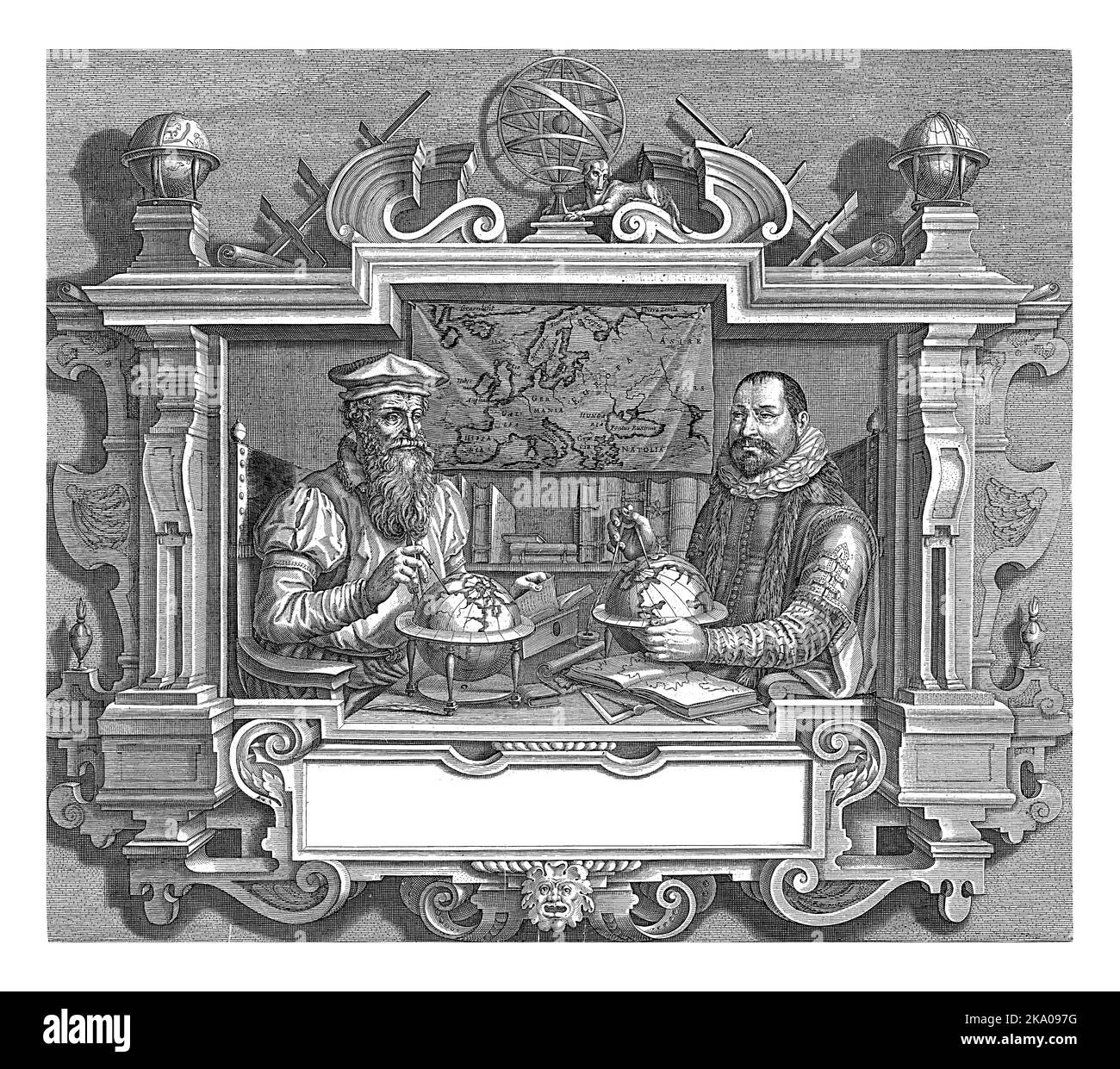 Les érudits et cartographes Gerard Mercator et Jodocus Hondius sont représentés ensemble parmi leurs instruments liés à leur profession. Les deux hav Banque D'Images