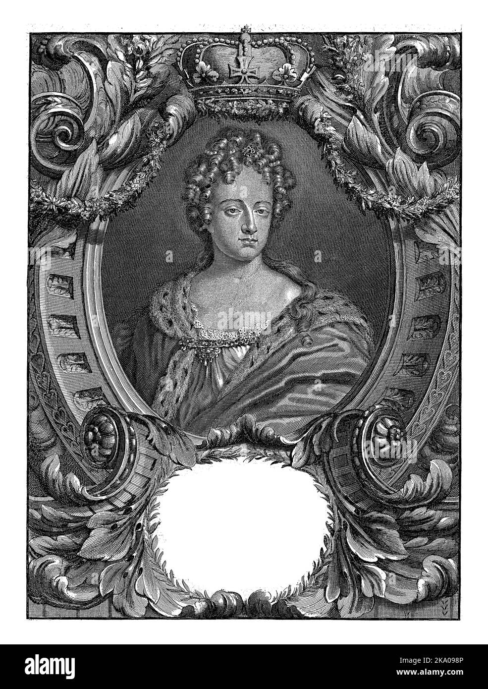 Portrait d'Anna, Reine d'Angleterre, Philibert Bouttats (I), 1702 - 1731 Portrait dans un cadre ovale d'Anna, Reine d'Angleterre, Écosse et Irlande. Buste t Banque D'Images