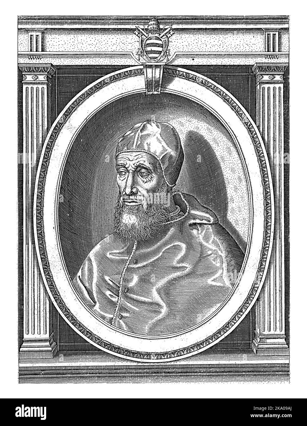 Portrait du Pape Paul IV vêtu de robes papales, avec un camauro sur sa tête. Buste vers la gauche dans un cadre ovale avec le lettrage de bord. Banque D'Images