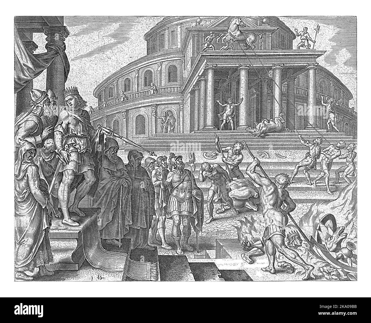 Le roi Josiah se dresse sur un escalier de la place devant le temple et regarde les statues de chevaux et de calèche tirées de l'entrée du temple an Banque D'Images