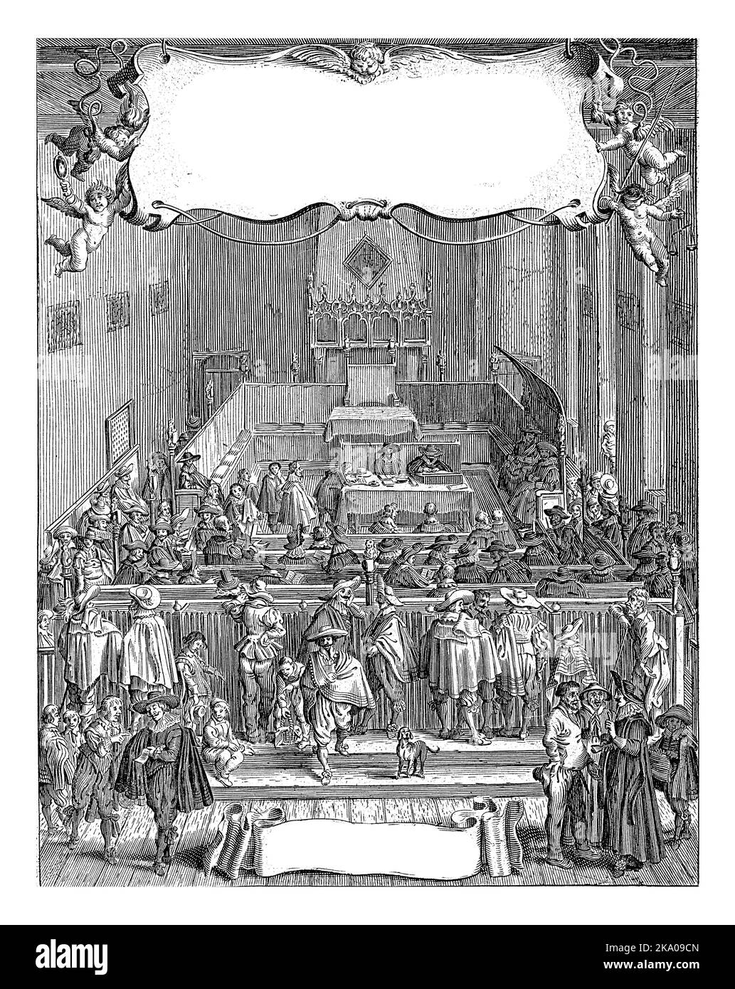 Page de titre pour Hugo de Groot Introduction aux juristes néerlandais, avec le titre dans une cartouche, tenue par putti. Sous le titre une vue de l'i Banque D'Images