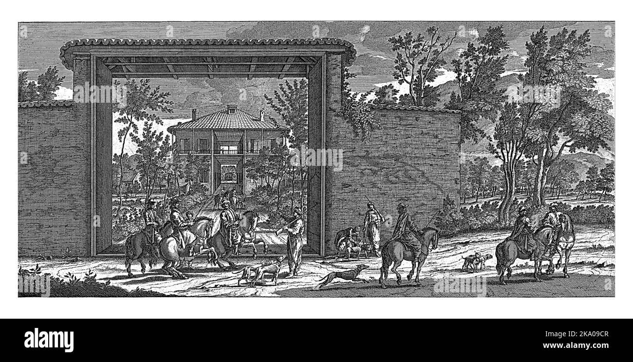 Pavillon de chasse à Smyrna, Jan Luyken, après Cornelis de Bruyn, 1698 vue du pavillon de chasse des marchands hollandais à Smyrna. Au premier plan un gro Banque D'Images