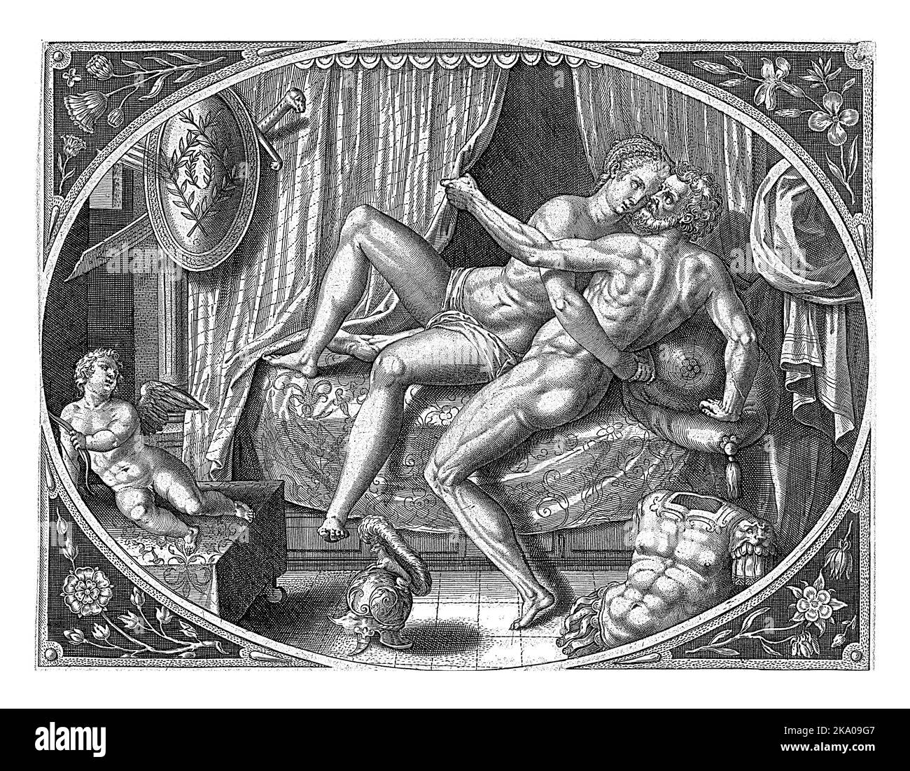 Adultère de Vénus et de Mars, Jan Collaert (II), d'après Philips Galle, 1576 - 1628 cadre ovale représentant Vénus et Mars jouant l'adultère dans le lit de Vénus. Banque D'Images