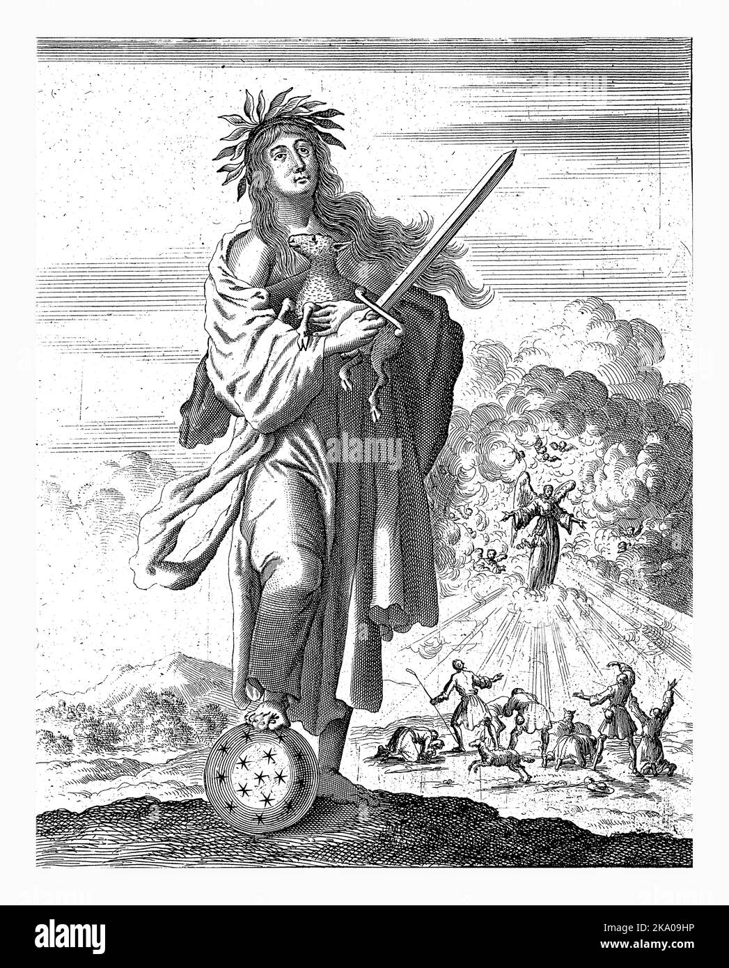 Sibyl d'Erythrae, Jan Luyken, 1684 Sibyl d'Erythrae. En arrière-plan la représentation de la proclamation aux bergers. Imprimer en haut à droite : P Banque D'Images