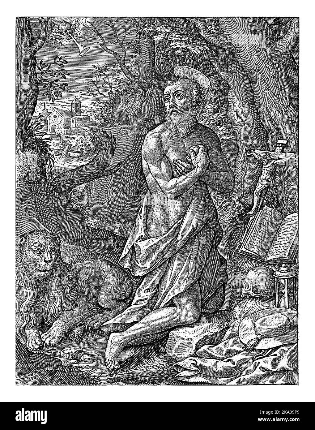Saint-Jérôme comme penteur dans le désert, Hieronymus Wierix, 1563 - avant 1619 Saint-Jérôme s'agenouille avec des bras croisés avant un crucifix dans le désert. Banque D'Images