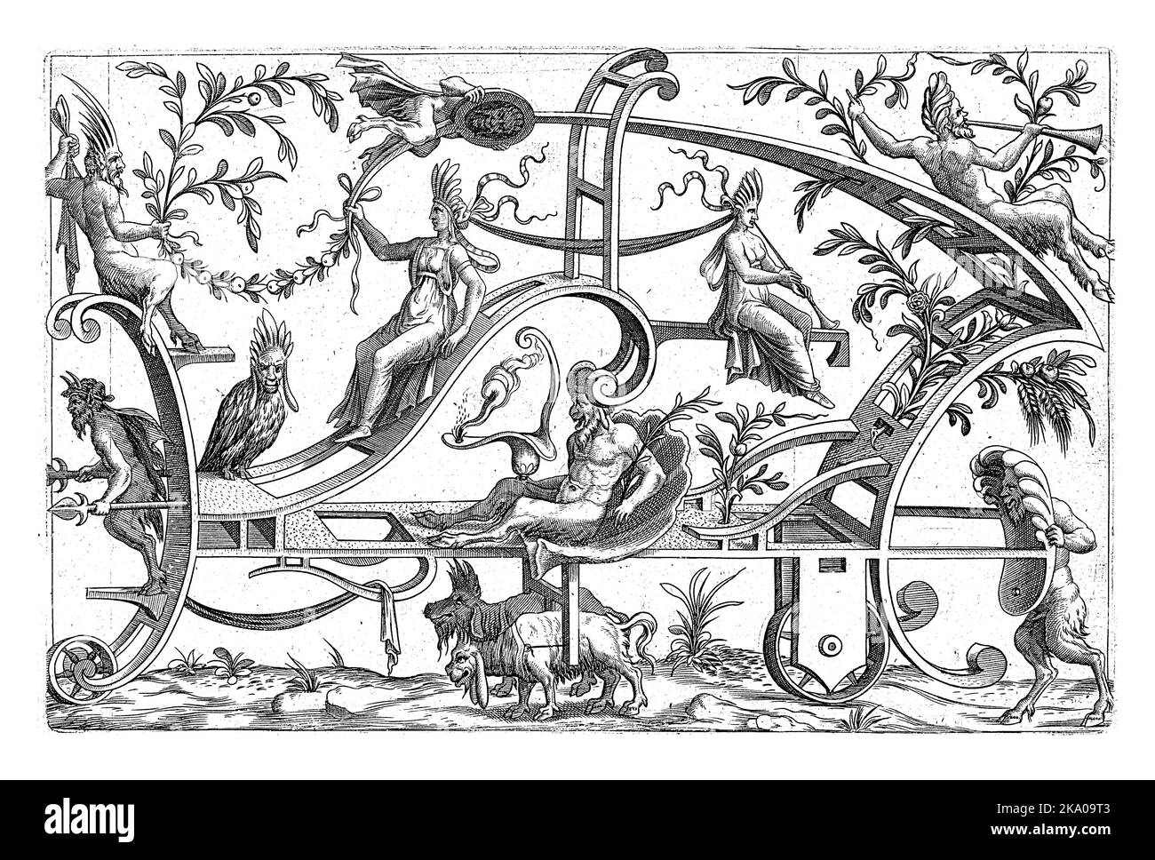 Char tiré par deux animaux de fantaisie et poussé par un satyr, dont la tête est piégée dans une grande coquille. Sur le chariot se trouve un satyr avec une lampe allumée i Banque D'Images