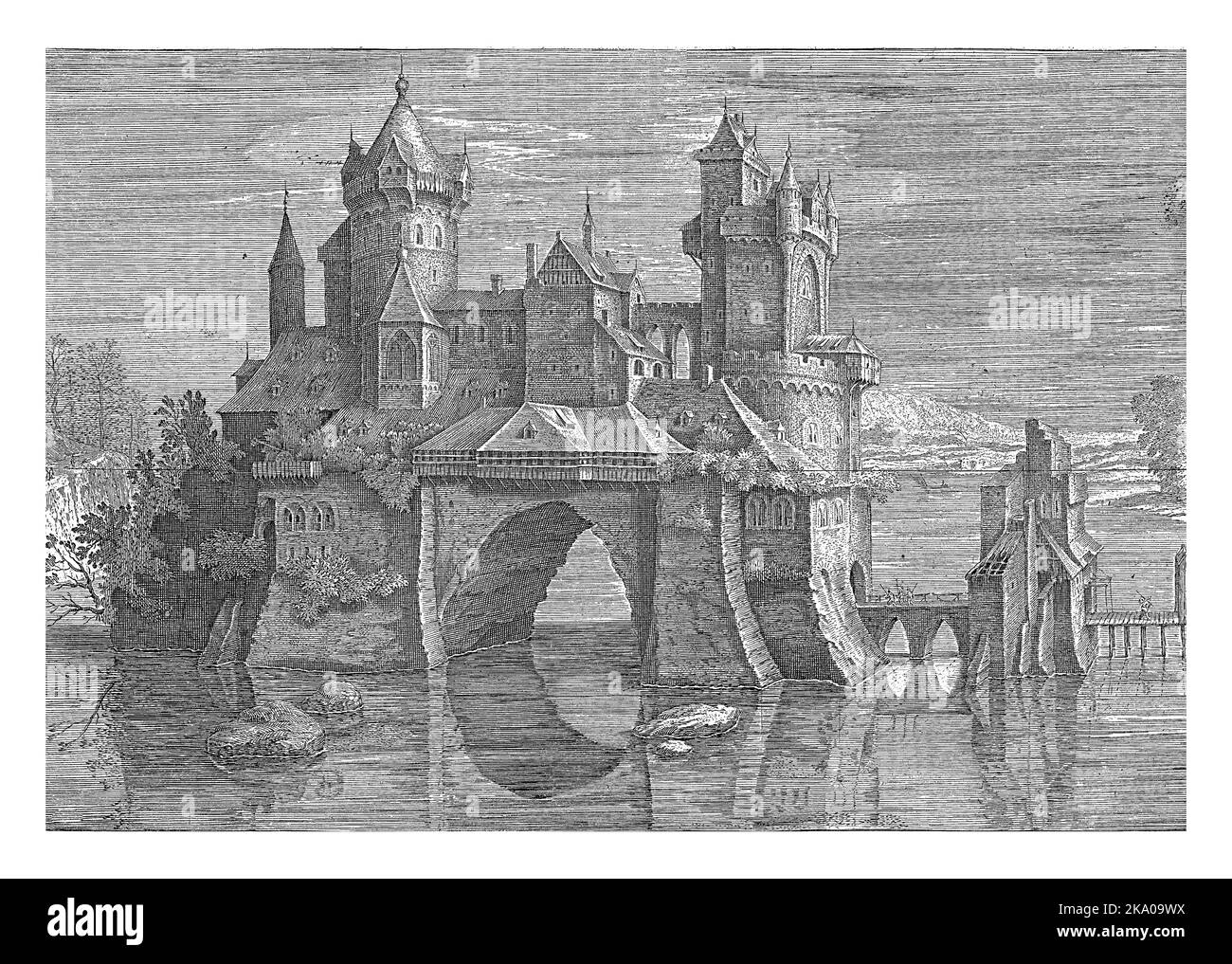 Vue sur le village biblique d'Emmaus, représenté comme un château entouré d'eau. Le château et donc l'île est relié à la (invisible) ra Banque D'Images