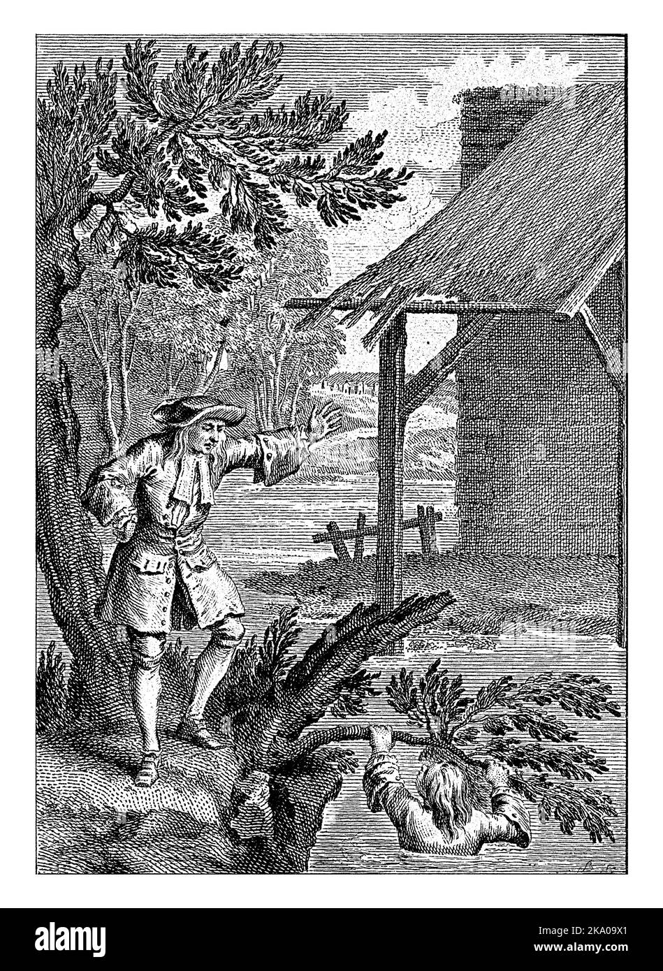 Un garçon est tombé dans une rivière et s'accroche à une branche qui dépasse. Un homme sur la rive le dirige vers une cabane dans la rivière. Banque D'Images