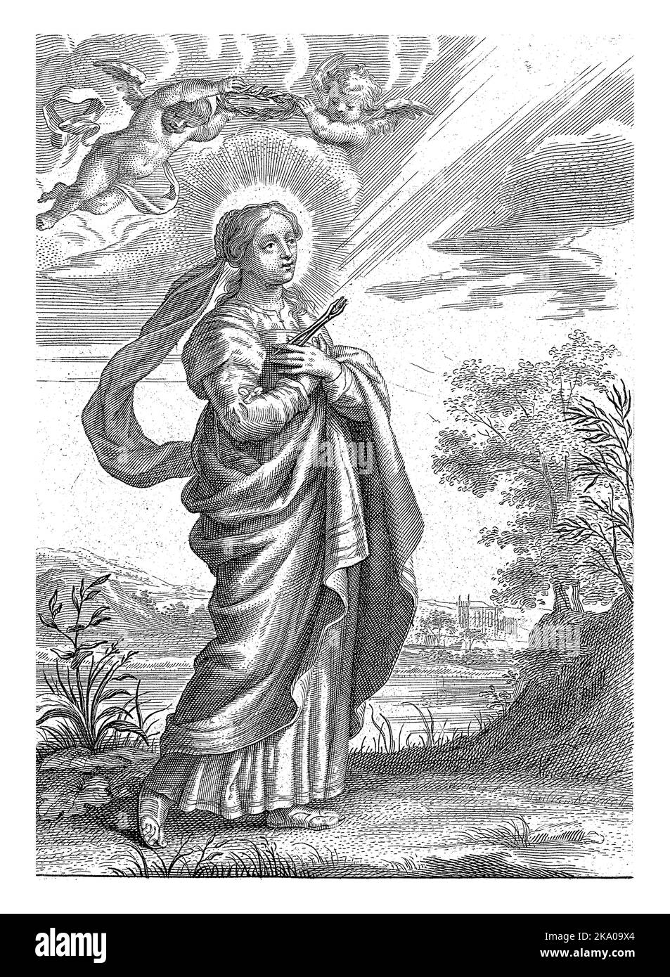 H. Apollonia, Cornelis Galle (I), 1586 - 1650 Saint Apollonia avec des forceps avec un molaire sous son bras. Deux anges tiennent une couronne de Laurier au-dessus de sa tête. Banque D'Images