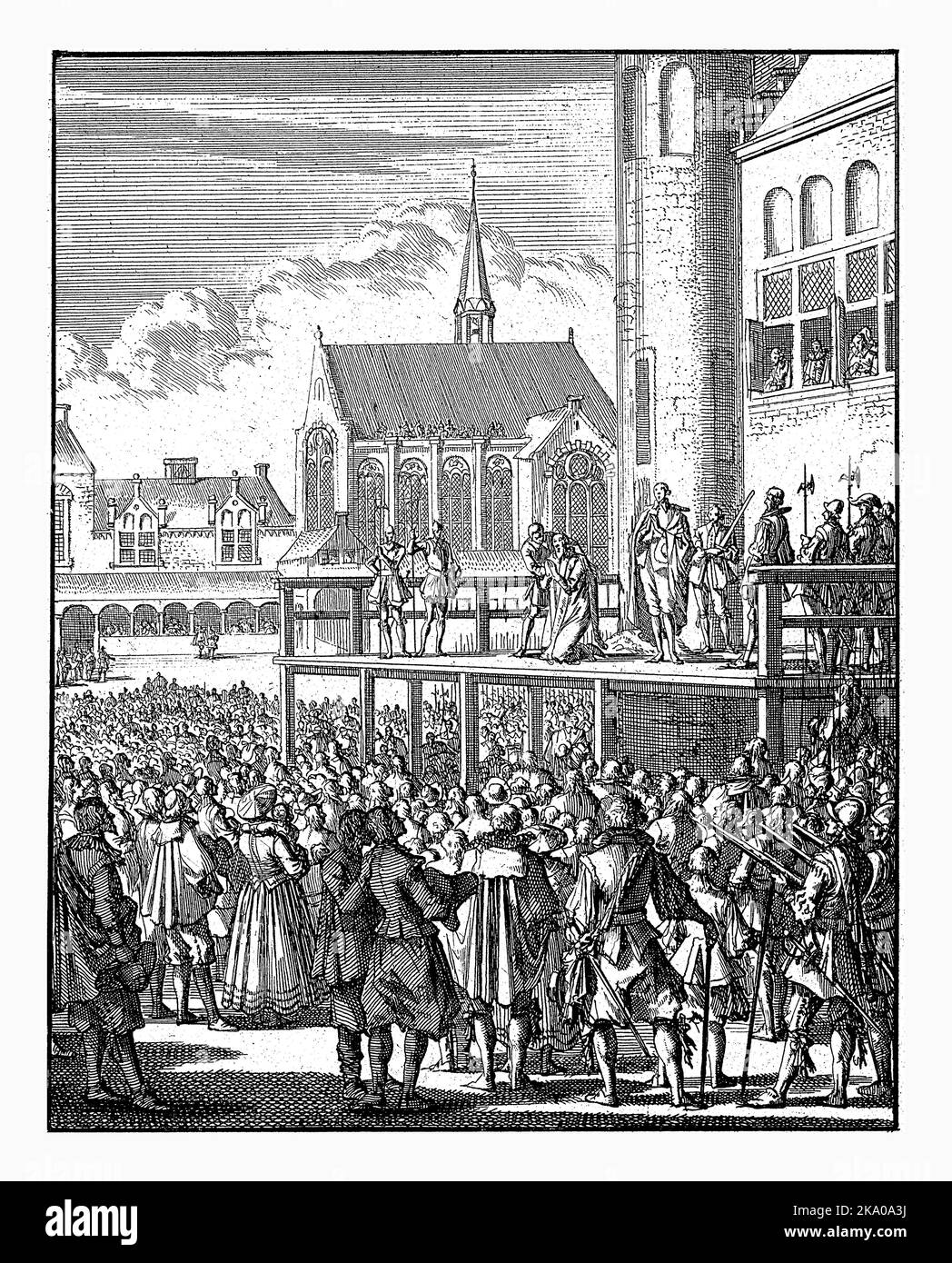 Johan van Oldenbarnevelt s'agenouille sur l'échafaudage avant son entête, 1619; Jan Luyken, 1698; Johan van Oldenbarnevelt s'agenouille avant son entête Banque D'Images