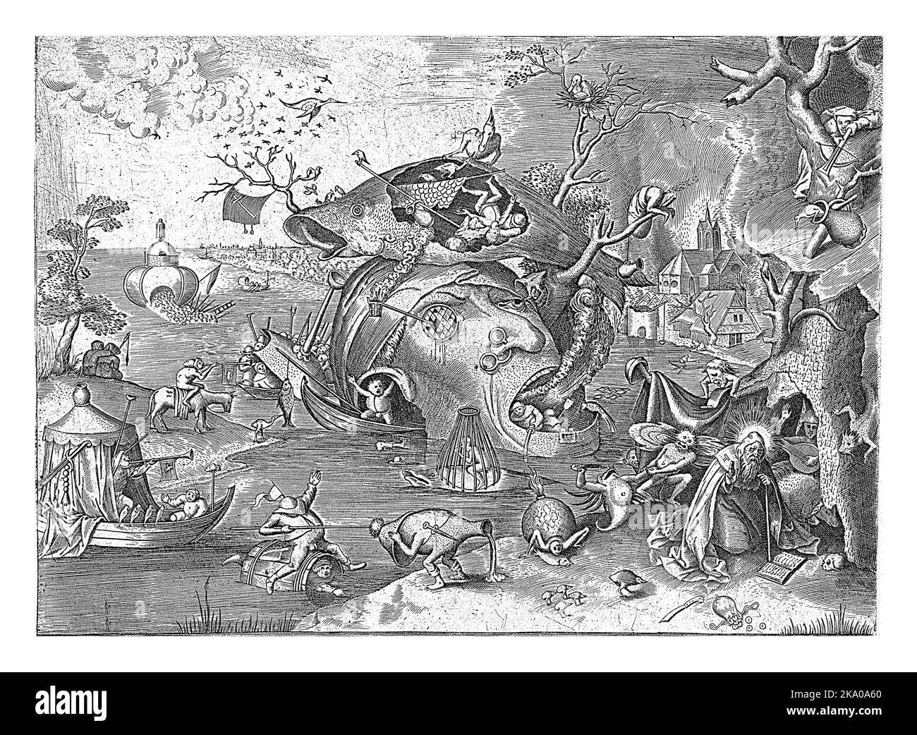 Saint Anthony est pétrir par un arbre creux et priant, tenté et assiégé par des diables et des démons Banque D'Images