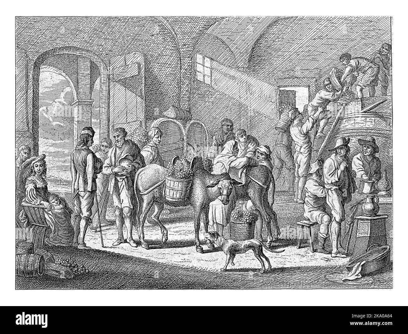 Intérieur d'un grand hall avec hommes et femmes. Au milieu, deux ânes sont déchargés de leur charge de raisins, qu'ils portent dans des paniers sur leur b Banque D'Images