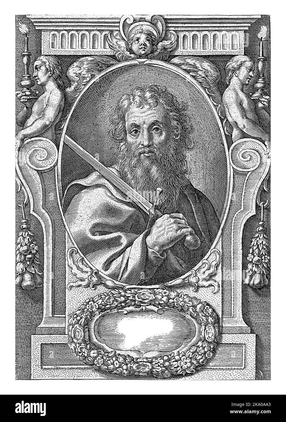 L'apôtre Paul avec une épée dans un cadre avec des ornements architecturaux, Jan-Baptist Barbé, d'après Théodoor van Loon, 1588 - 1648 Banque D'Images
