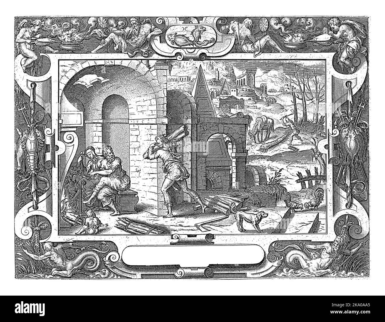 Paysage avec des figures élagage des vignes. En arrière-plan une bataille pour une ville qui va en flammes. Banque D'Images