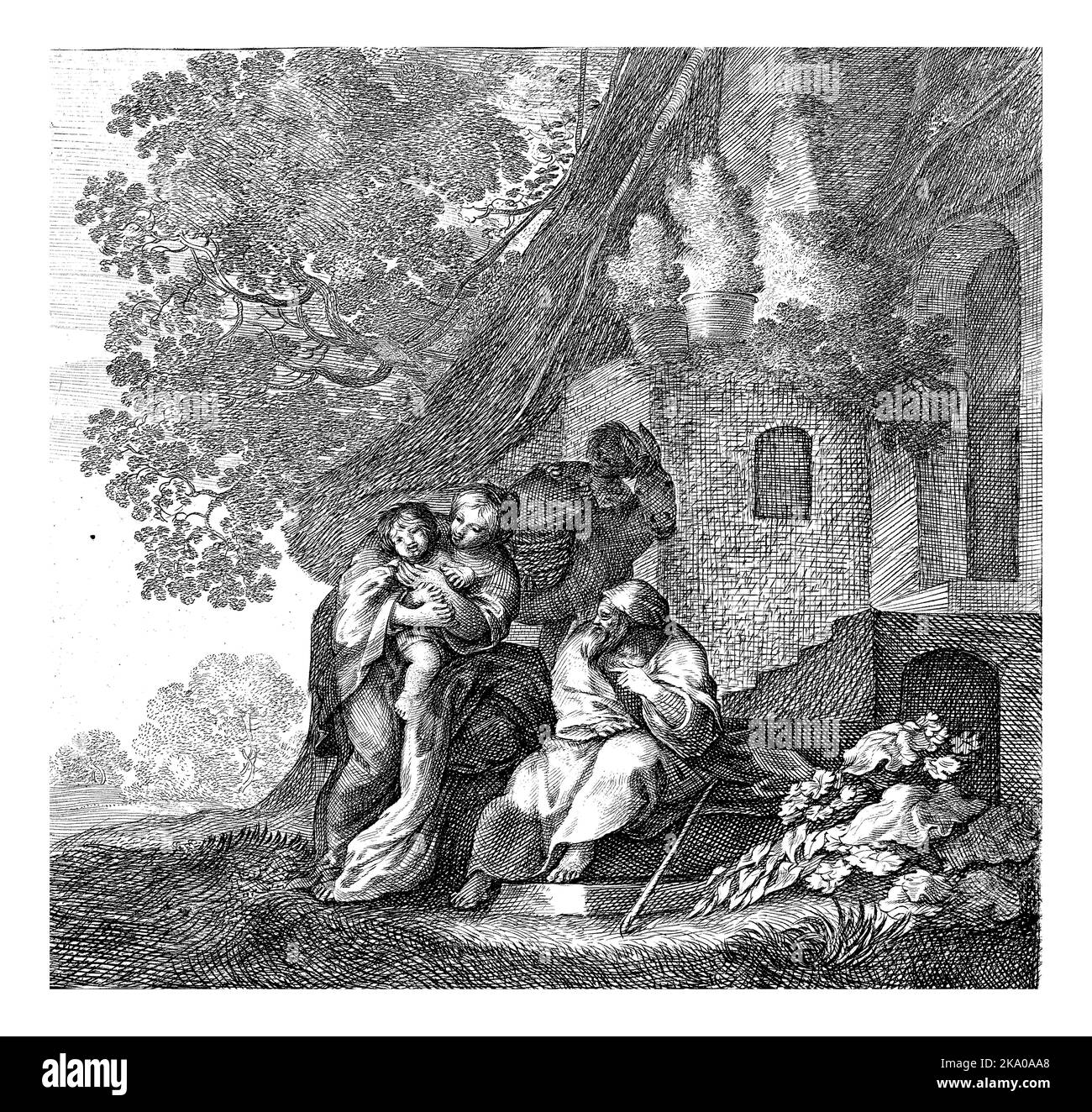 Marie se tient devant une maison de chaume avec l'enfant Christ sur son bras. À côté d'elle, Joseph est assis sur un escalier en pierre. Banque D'Images