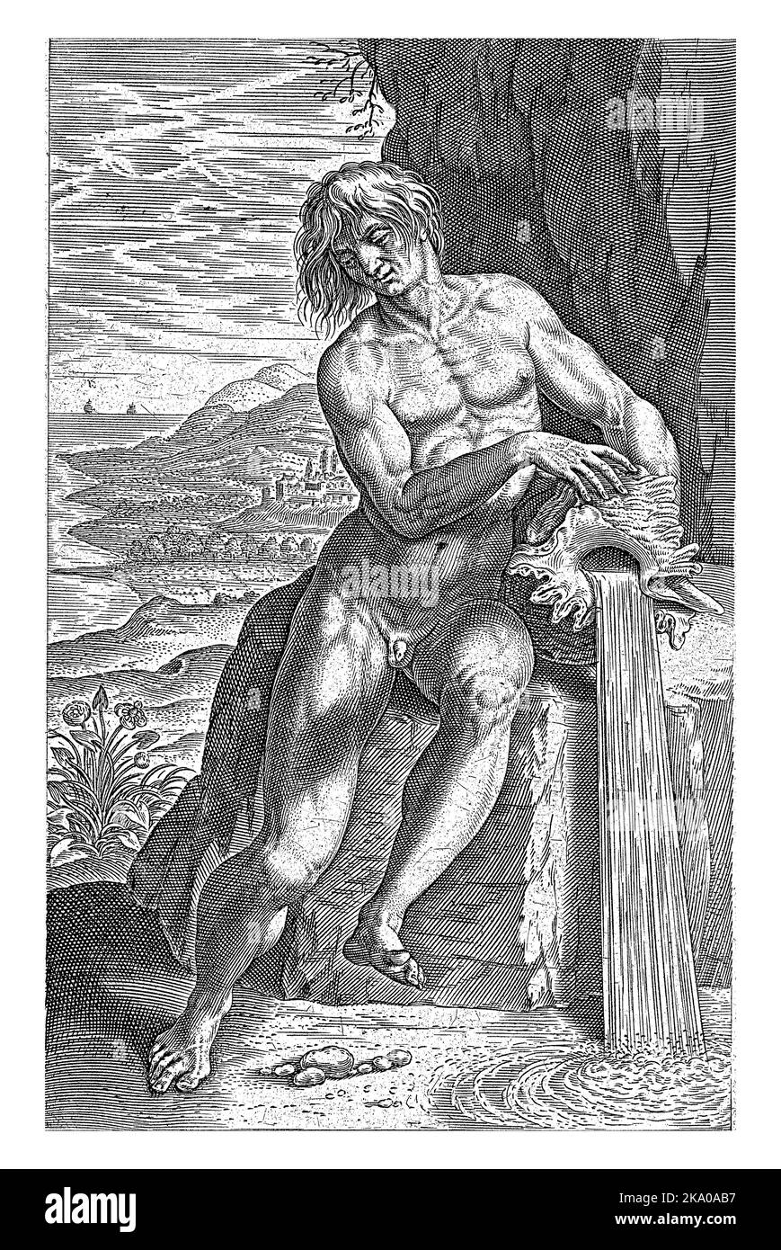 Rivière god Ligeris, Philips Galle, 1586 le fleuve god Ligeris (la Loire), assis sur un bloc de pierre. Une coquille dans sa main. Banque D'Images