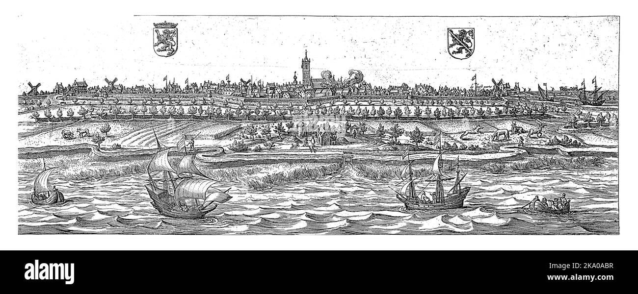 Un panorama de Schiedam, avec la rivière Maas en premier plan et le Sint-Janskerk et la mairie en arrière-plan. Banque D'Images