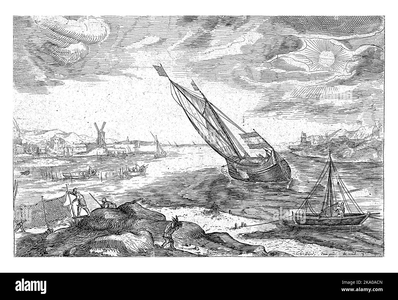 Une rivière avec un voilier avec le drapeau de la république. Pêcheurs au travail en premier plan. L'impression fait partie d'une série de paysages. Banque D'Images
