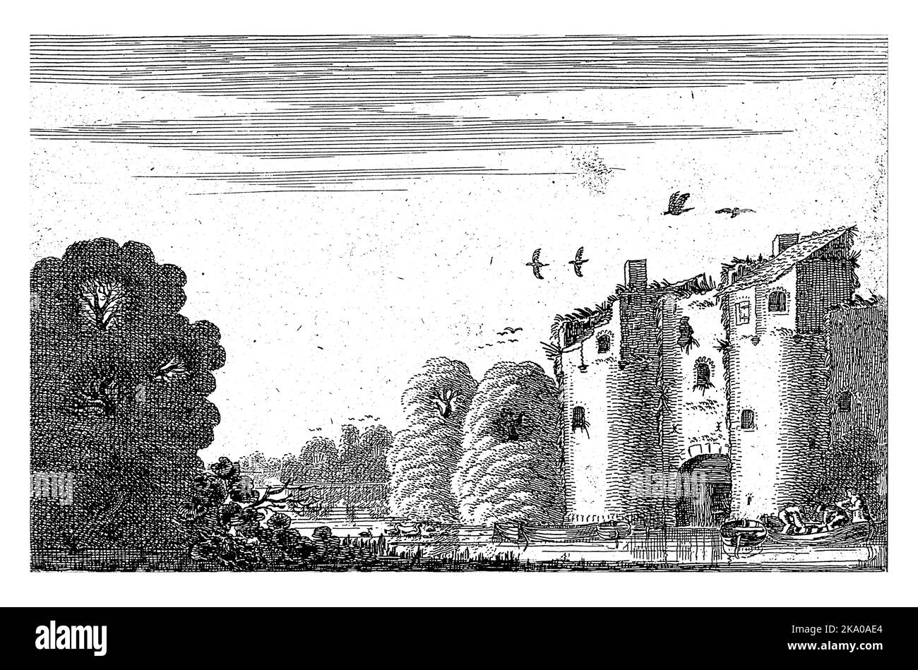 Figures dans un bateau à un château en ruines sur l'eau, Jan van de Velde (II), 1616 Un bateau dans lequel trois figures à la ruine d'un château dans une rivière landscap Banque D'Images