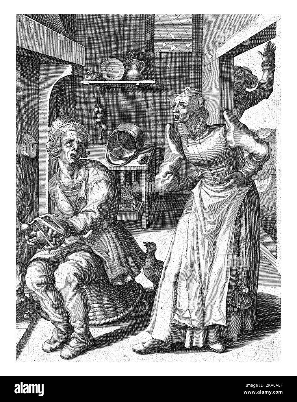 Une femme se tient dans une cuisine, les mains sur le côté, hurler à un homme qui est occupé avec la distaff autour d'une cheminée. Banque D'Images