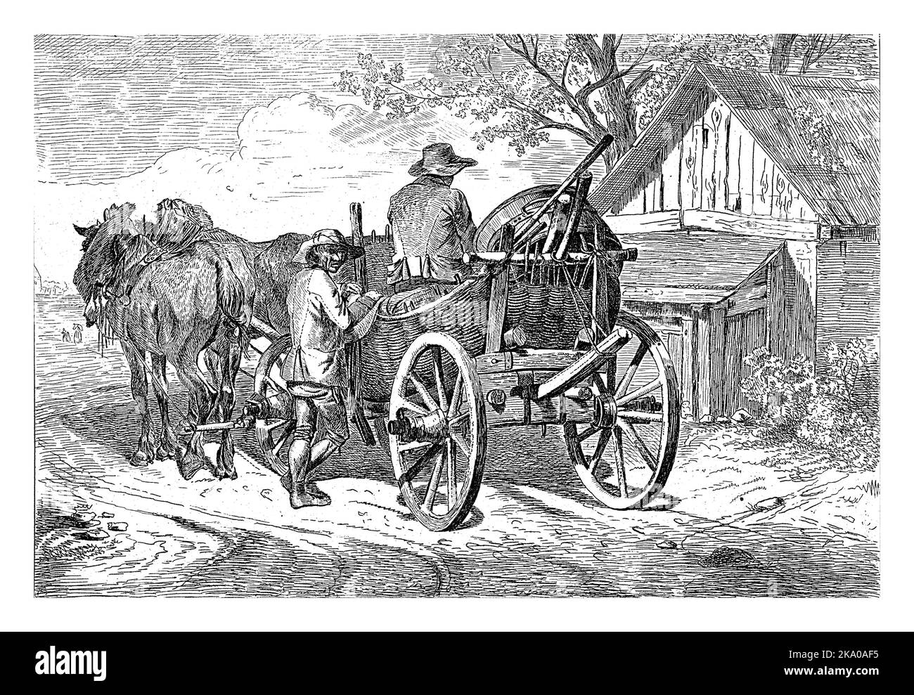 Wagon à charbon avec deux chevaux, vu de l'arrière. Il y a un homme dans un chapeau dans la voiture. Un autre homme dans un chapeau est debout près de la voiture. Banque D'Images