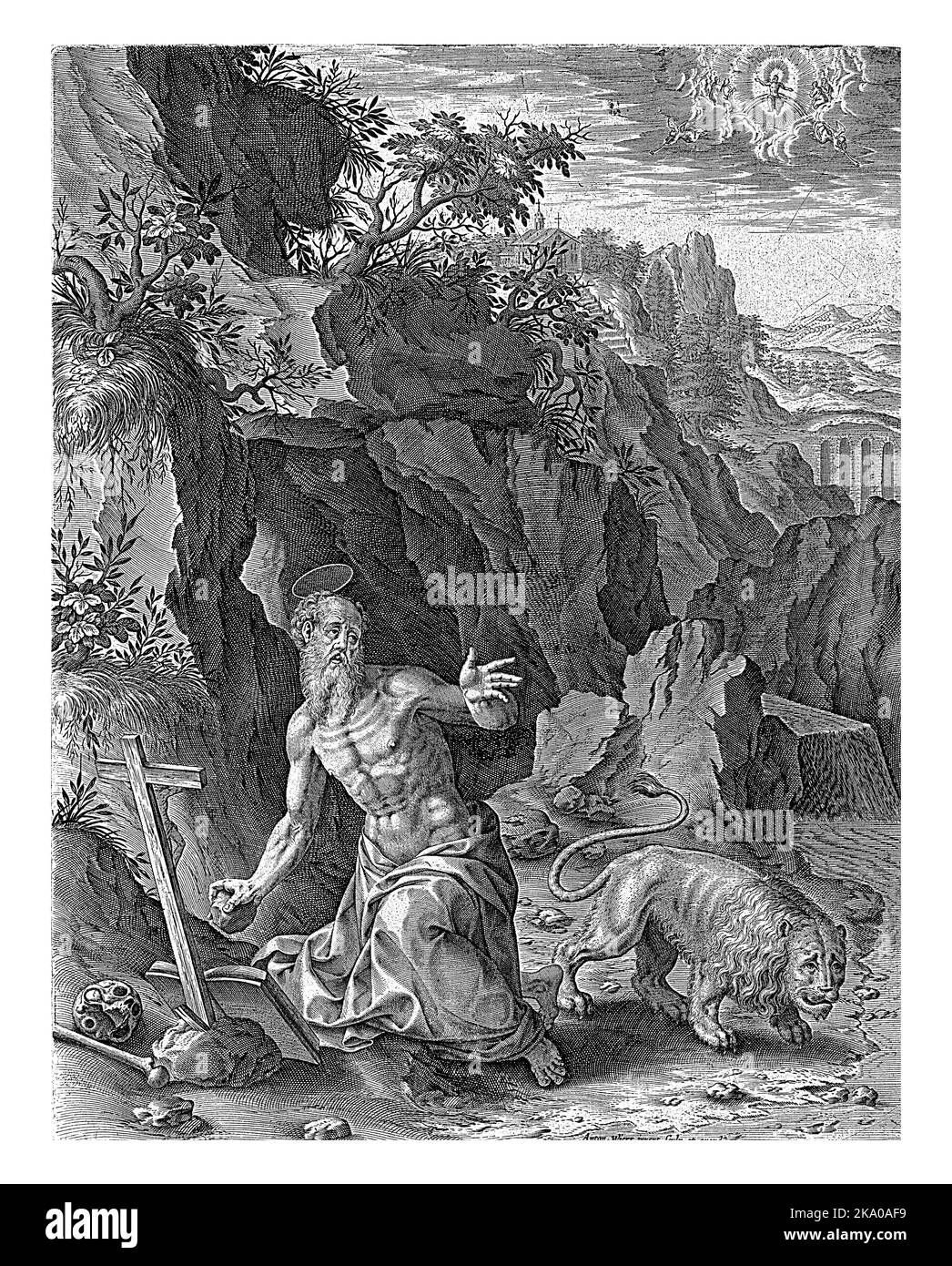 Saint Jérôme s'agenouille avant un crucifix dans le désert. Il tient une pierre dans sa main. Derrière lui le lion. Banque D'Images