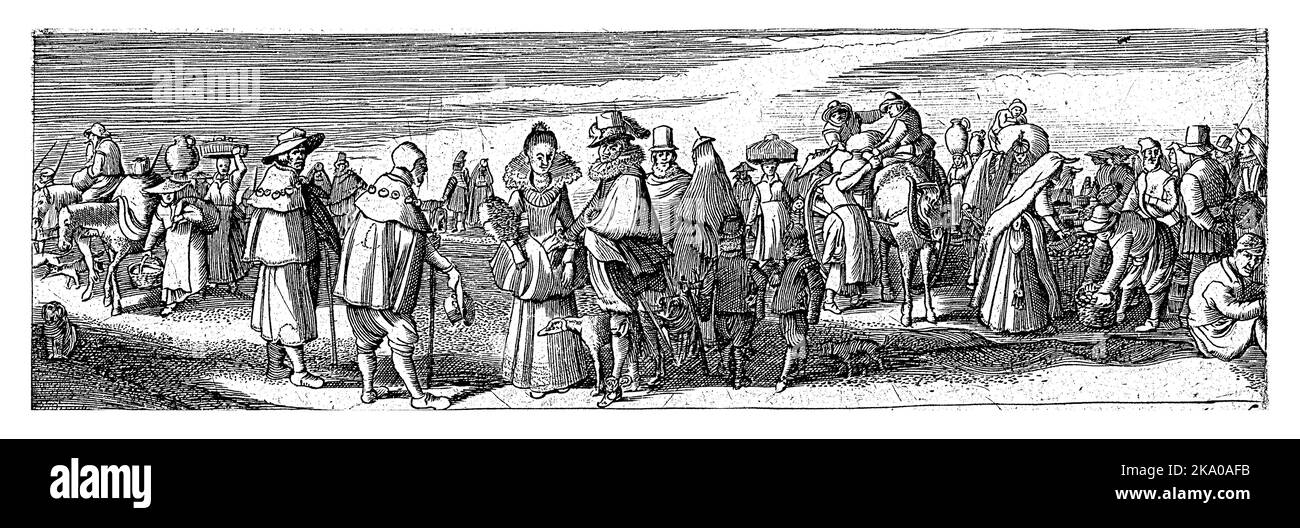 Couple élégant et deux pèlerins en premier plan, Jan van de Velde (II), 1603 - 1652 Un groupe de citoyens élégamment habillés, devant lesquels deux pilg Banque D'Images