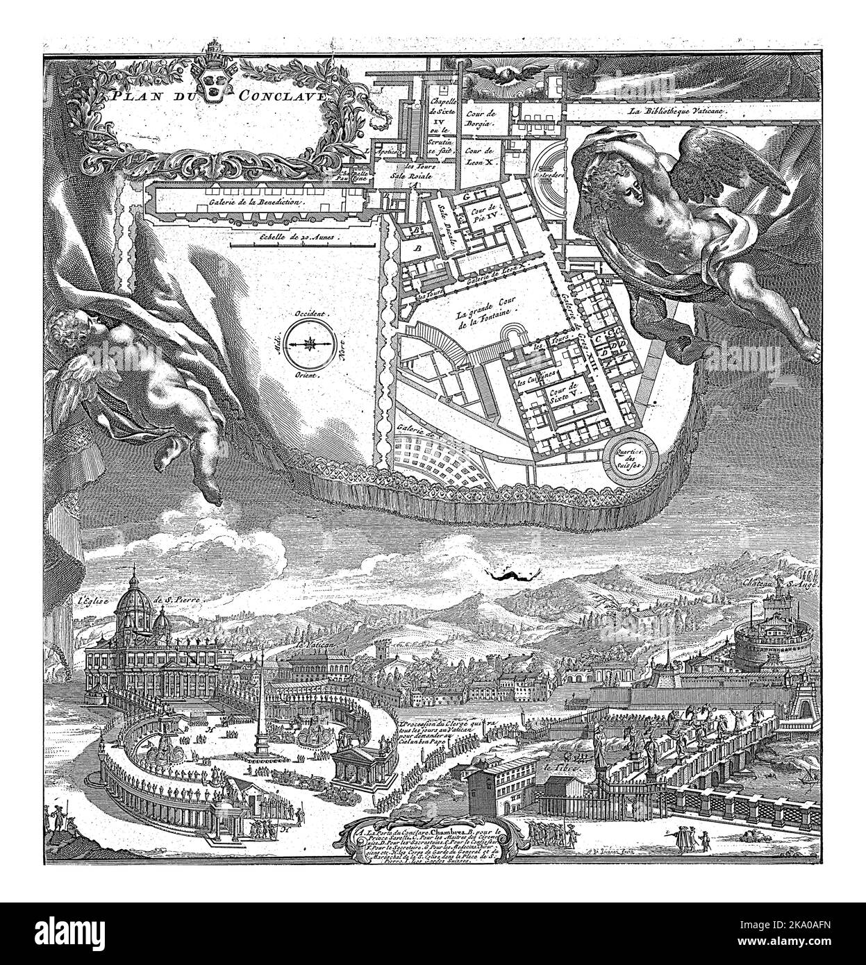 Plan d'étage et vue sur le Vatican, Jan van Vianen, 1670 - 1736 vue sur le Vatican avec l'église Saint-Pierre sur la gauche et le Castel Sant'Angelo sur la r Banque D'Images